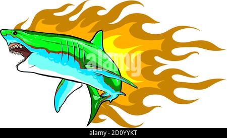 Danger requin avec des flammes pour tatouage ou mascotte design, tel un modèle de logo. Illustration de Vecteur