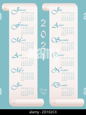Modèle de calendrier mural de 2021 ans. 12 mois sur deux parchemins. Conception à vecteur vertical. La semaine commence le dimanche. Anglais Illustration de Vecteur