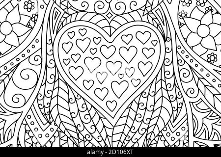 Belle page de livre de coloriage avec motif linéaire monochrome avec coeurs formes sur arrière-plan abstrait Illustration de Vecteur