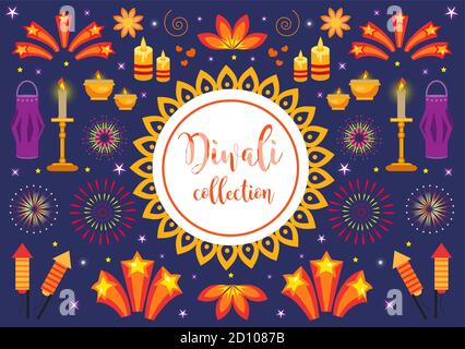 Diwali Icon Set, lumières de vacances en inde. Collection d'éléments de design avec bougies, feux d'artifice, lanterne en papier, étoiles, fusées. Illustration vectorielle Illustration de Vecteur