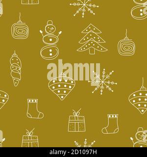 Motif de Noël sans couture dessiné à la main avec jouets pour arbres de noël, flocons de neige et cadeau Illustration de Vecteur