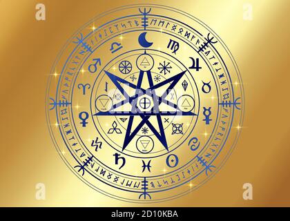 Symbole de protection Wiccan. Or Mandala Witches runes, Mystic Wicca divination. Symboles occultes anciens, Terre roue zodiac de l'année signe Wicca Illustration de Vecteur