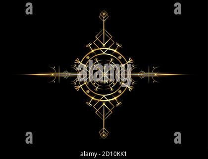 Magic Ancient viking art déco, Vegvisir magie de navigation boussole antique. Les Vikings ont utilisé de nombreux symboles, conformément à la mythologie de la Norse, sur le noir Illustration de Vecteur