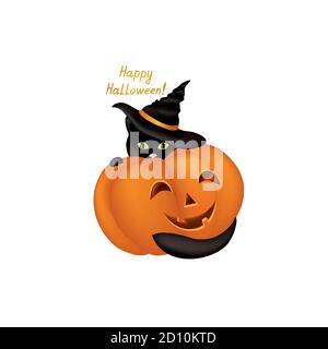 Chat en chapeau. Chat noir regardant l'appareil photo dans le chapeau d'Halloween. Drôle de dessin animé de vacances pour carte de voeux Illustration de Vecteur