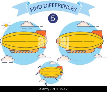 Trouver les différences Airship, jeu d'éducation pour les enfants, Riddle pour la maternelle. Illustration de Vecteur