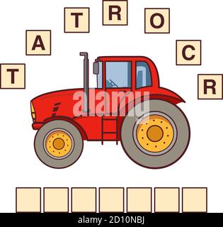 Jeu de mots puzzle tracteur. Éducation enfant en développement. Illustration de Vecteur