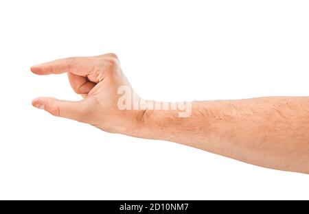 les mains d'homme adulte tiennent quelque chose, isolé sur blanc Banque D'Images