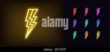 Icône d'éclairage au néon. Panneau lumineux d'orage électrique au néon, décharge électrique dans des couleurs vives. Coup de foudre brillant, vis électrique, haute tension. JE Illustration de Vecteur
