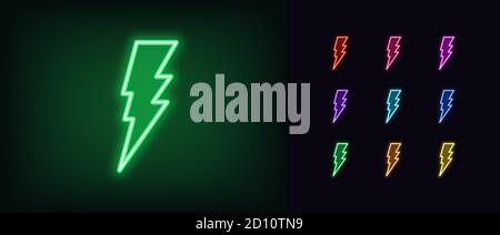 Icône éclair néon. Signal flash lumineux au néon, décharge électrique dans des couleurs vives. Éclair brillant, orage électrique, haute tension. ICO Illustration de Vecteur