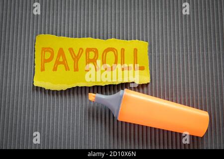 PAIE. Concept d'entreprise. Texte sur du papier déchiré et coloré sur fond ondulé. Banque D'Images