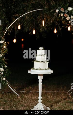 Gâteau de mariage minimaliste à trois niveaux à l'arrière-plan de l'arche de mariage. Gâteau au mariage Banque D'Images