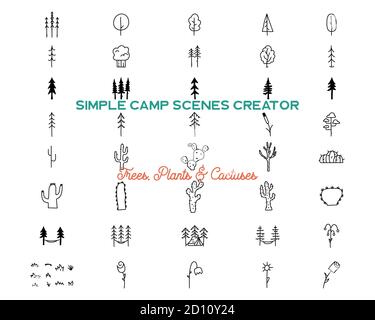 Ensemble de formes d'icônes et d'arbres vectoriels simples. Kit de création de logo. Ensemble aventure en plein air art. Concept linéaire de silhouette. Stock Illustration de Vecteur