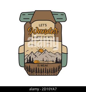 Motif d'illustration de l'insigne d'aventure de camping vintage. Logo extérieur avec scène montagneuse à l'intérieur du sac à dos et texte - laisse se promener. Inhabituel Illustration de Vecteur