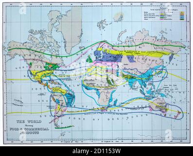 Une carte du monde de la fin du XIXe siècle, montrant les sources actuelles de divers produits alimentaires et commerciaux. Notez que les noms de certains emplacements ne sont plus utilisés. Banque D'Images