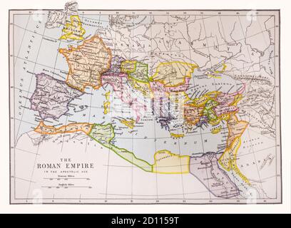 Une carte du monde de la fin du XIXe siècle, montrant l'Empire romain pendant l'âge apostolique, c'est-à-dire la période du début du ministère de Jésus (c. 27–29 AD) à la mort du dernier des douze apôtres (c. 100) (connu sous le nom d'âge apostolique). Banque D'Images