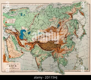 Une carte physique de l'Asie de la fin du XIXe siècle, le continent le plus grand et le plus peuplé de la Terre, située principalement dans les hémisphères est et nord. Elle couvre une superficie d'environ 30 % de la superficie totale de la Terre et 8.7 % de la superficie totale de la Terre. Le continent, qui abrite depuis longtemps la majorité de la population humaine. Banque D'Images