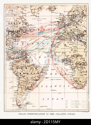 Une carte de la côte atlantique de la fin du XIXe siècle, illustrant les itinéraires de navigation entre les îles britanniques et le reste du monde. Notez que les noms de certains emplacements ne sont plus utilisés. Banque D'Images