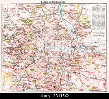Une carte de Londres et de ses environs datant de la fin du XIXe siècle. Banque D'Images