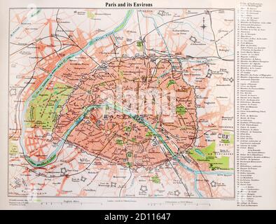 Un plan des rues de Paris et de ses environs datant de la fin du XIXe siècle. Banque D'Images
