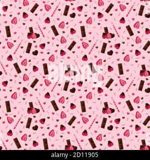 Motif sans coutures fraises et chocolat sur fond rose. Illustration de Vecteur