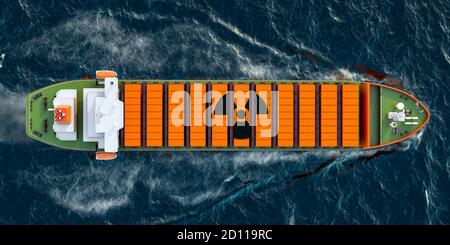 Cargo avec déchets radioactifs dans des conteneurs de fret naviguant dans l'océan, rendu 3D Banque D'Images