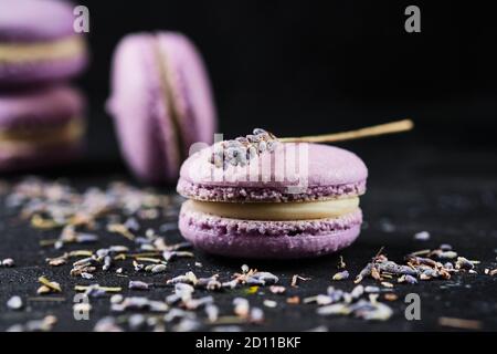 Délicieux dessert français - gâteau au macaron. Dessert sucré à base de farine d'amande au goût de lavande et rempli de ganache au chocolat blanc. Banque D'Images