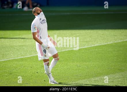 Karim Benzema du Real Madrid réagit lors du championnat d'Espagne la Liga de la motte de football entre Levante et Real Madrid le 4 octobre 2020 à Estadi Banque D'Images