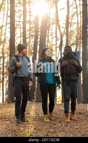 Groupe d'amis en randonnée à la campagne, ayant la conversation Banque D'Images