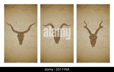 Ensemble de trois illustrations vectorielles avec silhouettes de grunge, antilopes de crânes et chèvre sur fond de texture ancienne. Croquis vintage en couleur sépia. Pour vous Illustration de Vecteur
