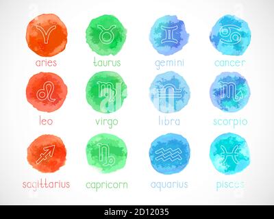 Ensemble vectoriel de signes du zodiaque avec éléments aquarelle. Dessiné à la main. Collection de symboles d'horoscope : bélier, taureau, gémeaux, cancer, lion, vierge, balance, scorp Illustration de Vecteur