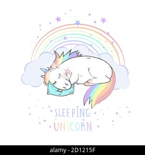 Illustration vectorielle d'une licorne de sommeil dessinée à la main avec des étoiles et du texte - LICORNE DE SOMMEIL sur fond d'écran. Style de dessin animé. Couleur. Illustration de Vecteur