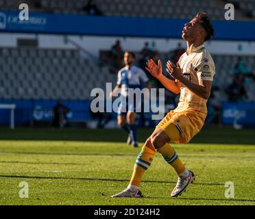 Sabadell. 4 octobre 2020. Javi Puado d'Espanyol réagit lors d'un match de ligue espagnole entre le RCD Espanyol et ce Sabadell à Sabadell, en Espagne, le 4 octobre 2020. Crédit : Joan Gosa/Xinhua/Alay Live News Banque D'Images