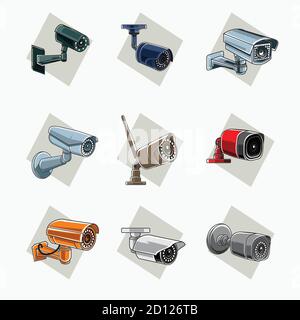 Illustrations vectorielles - ensemble de vidéosurveillance coloré (caméra de surveillance) pour système de sécurité - style de dessin animé plat Illustration de Vecteur