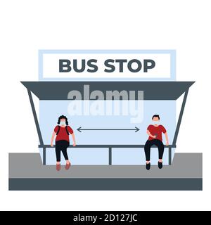 un homme et une femme qui font de la distanciation sociale et portent un maçon à l'arrêt de bus - illustrations plates isolées sur blanc Illustration de Vecteur