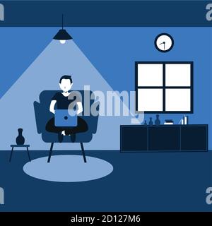 travaillant à la maison, un homme s'assoit tranquillement sur son canapé préféré - illustrations de dessins animés à deux tons Illustration de Vecteur