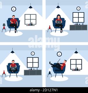 un homme et une femme travaillent à la maison sur le canapé préféré - jeu d'illustrations de dessins animés colorés Illustration de Vecteur