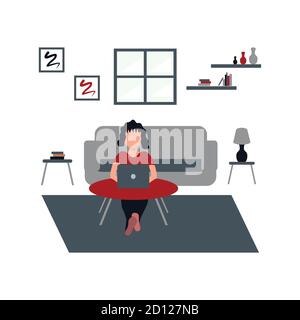 une femme travaille de façon décontractée pour la maison en utilisant un ordinateur portable - un homme regardant la télévision à la maison - illustrations plates isolées sur blanc Illustration de Vecteur