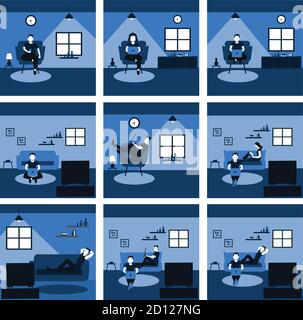 dans le salon, un homme et une femme travaillent de façon décontractée, regardant la télévision et lisant le livre - deux tons dessins animés ensemble Illustration de Vecteur