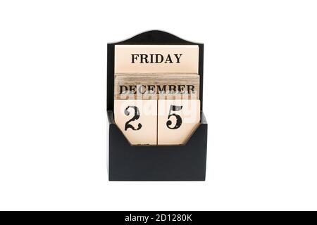 25 décembre sur l'ancien calendrier en bois dans la forme d'une boîte avec des signes isolés sur fond blanc Banque D'Images