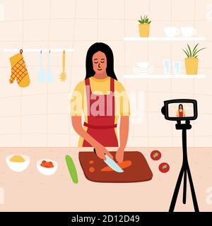 Femme chef cuisinant dans la cuisine tout en enregistrant la vidéo en utilisant son appareil photo pour sa chaîne vidéo en ligne. Cuisez des aliments sains à la maison. Repas faits maison Illustration de Vecteur