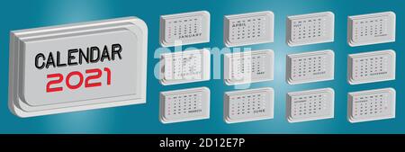 design de calendrier en 3d 2021. 12 mois inclus. modèle de calendrier vectoriel prêt à imprimer. Illustration de Vecteur