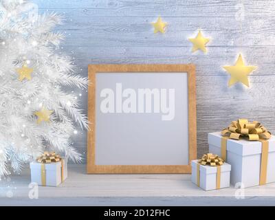 Cadre en bois sur une table contre un mur en bois blanc. À côté, il y a un arbre de Noël blanc avec des jouets de Noël. Il y a aussi des cadeaux sur la table. R 3D Banque D'Images