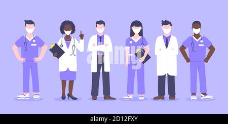 Équipe de médecins personnel médical avec masques de visage clinique employé illustration vectorielle isolée sur fond bleu. Illustration de Vecteur