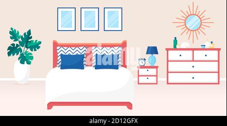 Intérieur de la chambre. Illustration vectorielle. Design d'une chambre tendance avec lit double, table de chevet, commode et accessoires de décoration. Ameublement intérieur. Horizo Illustration de Vecteur