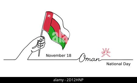 Illustration de la fête nationale d'Oman avec main, drapeau, lettrage. Un concept de dessin de ligne continue Illustration de Vecteur