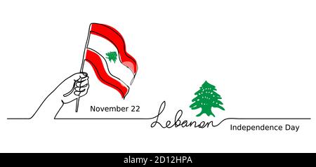 Liban, origine vectorielle de la Journée de l'indépendance du Liban. Un concept de dessin de ligne avec main, drapeau, arbre de cèdre Illustration de Vecteur