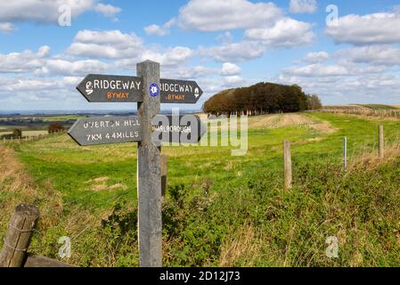 Ridgeway long distance Footpath signpost sur la pente de craie Hackpen Hill, Wiltshire, Angleterre, Royaume-Uni Banque D'Images