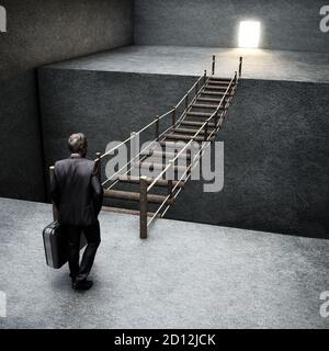 Homme d'affaires debout devant les échelles menant au trou de serrure brillant. Illustration 3D. Banque D'Images