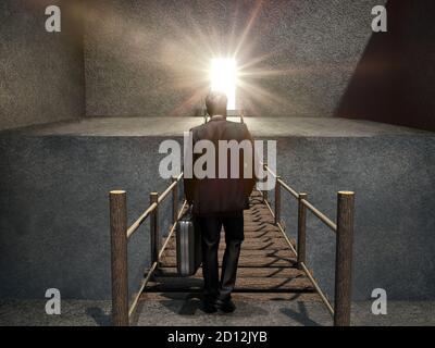 Homme d'affaires debout devant les échelles menant au trou de serrure brillant. Illustration 3D. Banque D'Images