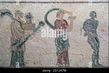 La Maison des mosaïques de Dionysos, parc archéologique de Paphos, Chypre : le Triumph de Dionysos, mosaïques de 'Vintage Scenes'. Banque D'Images